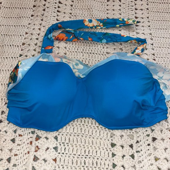 Lands End Blue Molded Cup Halter Bikini Top w/Tropical Floral Ruffle Size 14 D - Picture 3 of 8